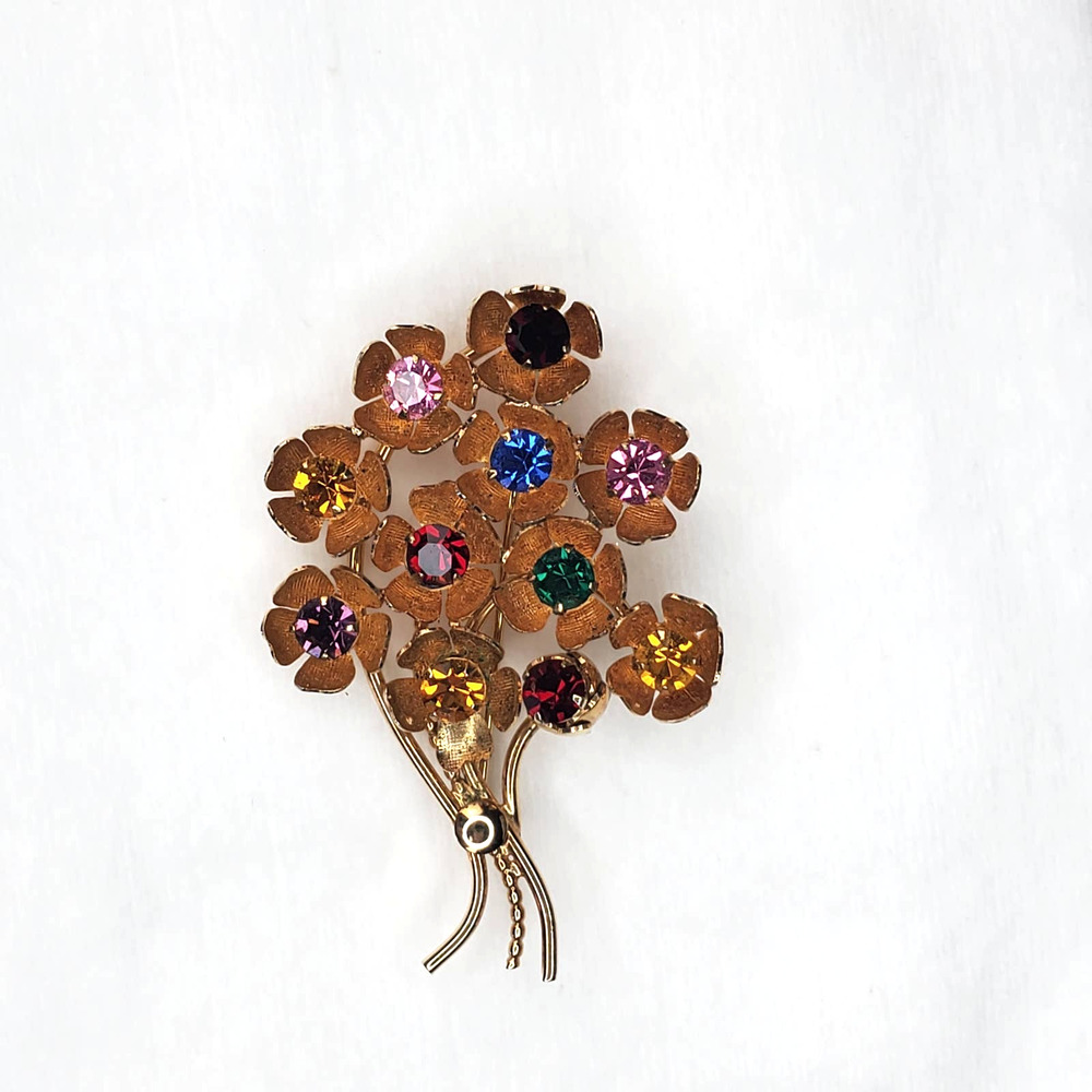 Vintage 12k Gold Fill Colorful Rhinestone Floral Bouquet Brooch - Picture 1 of 11